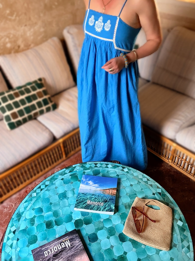 Florence Embroidered Linen Maxi dress Blue