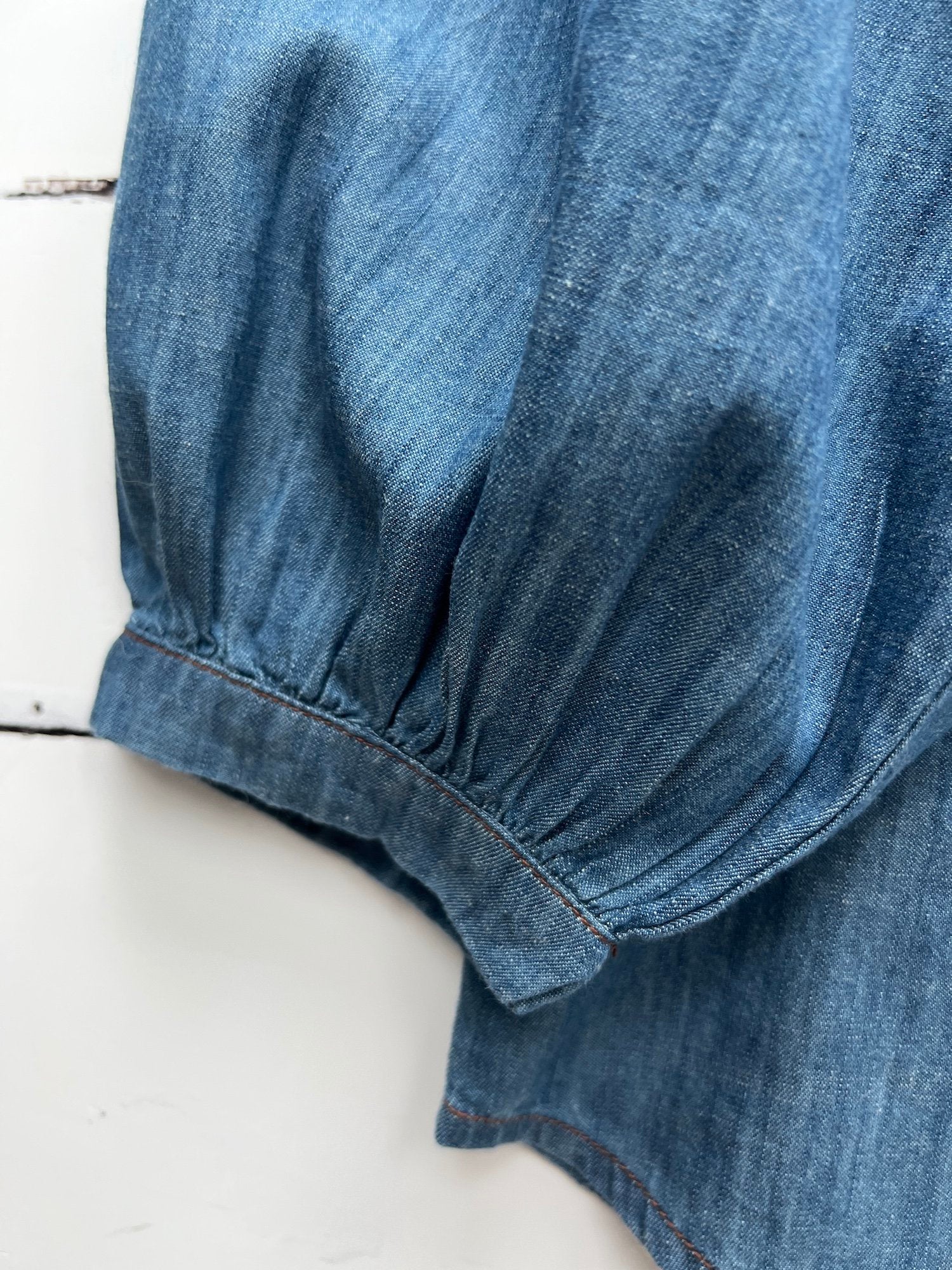 chambray puff sleeve blouse mid denim | fwp by rae | denim blouse