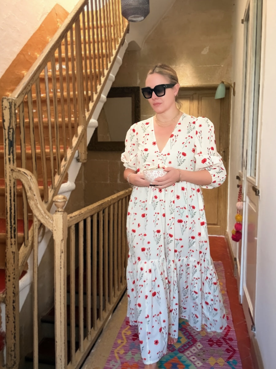 Vanessa Tiered Maxi Dress Red Stem Flower Print