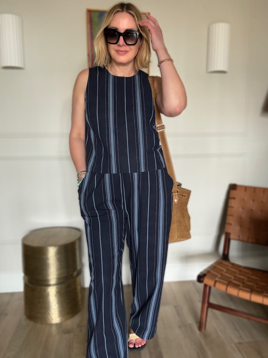 Imogen Linen Cotton Blend Blue Striped Relaxed Trousers