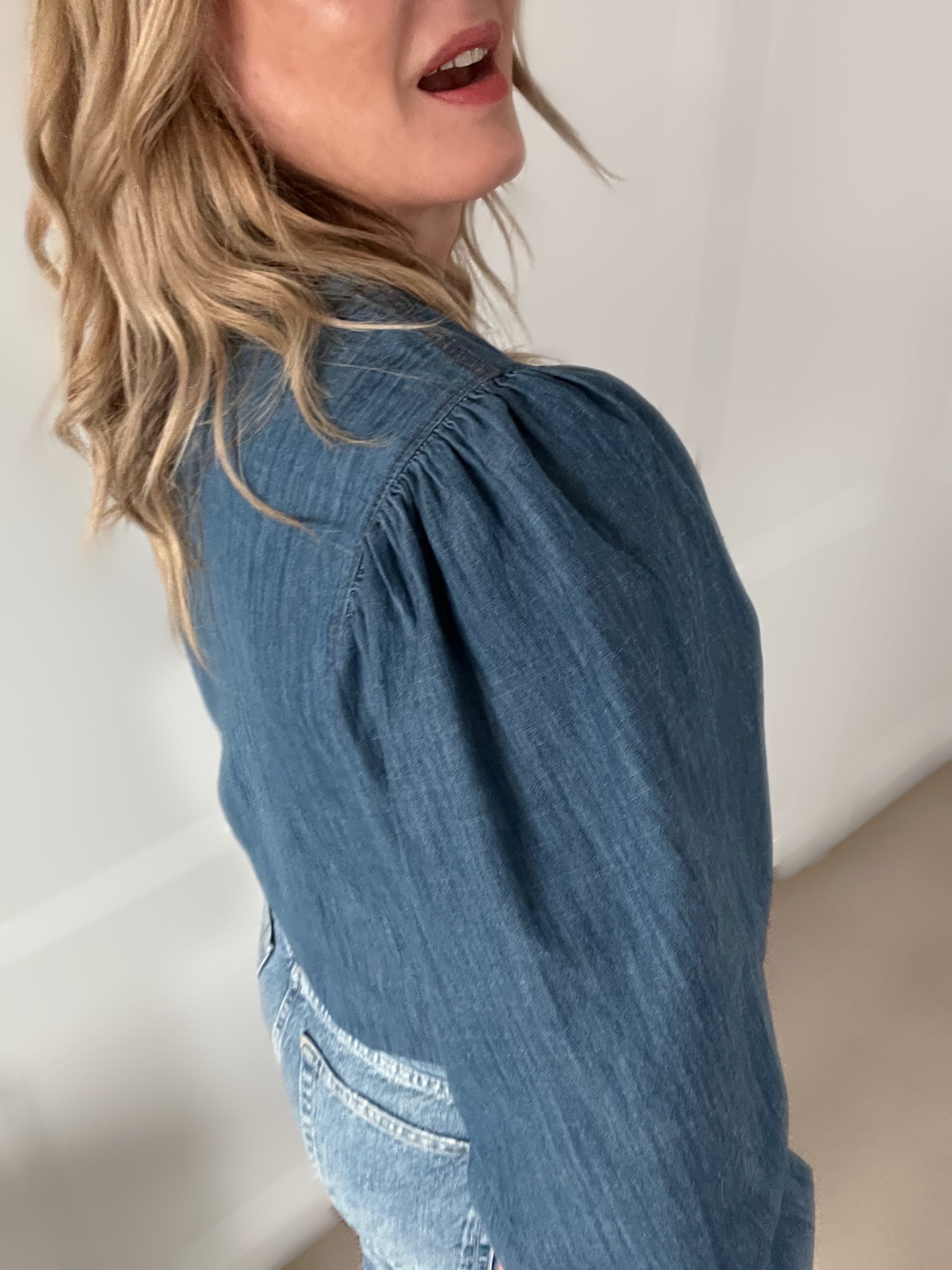 chambray puff sleeve blouse mid denim | fwp by rae | denim blouse