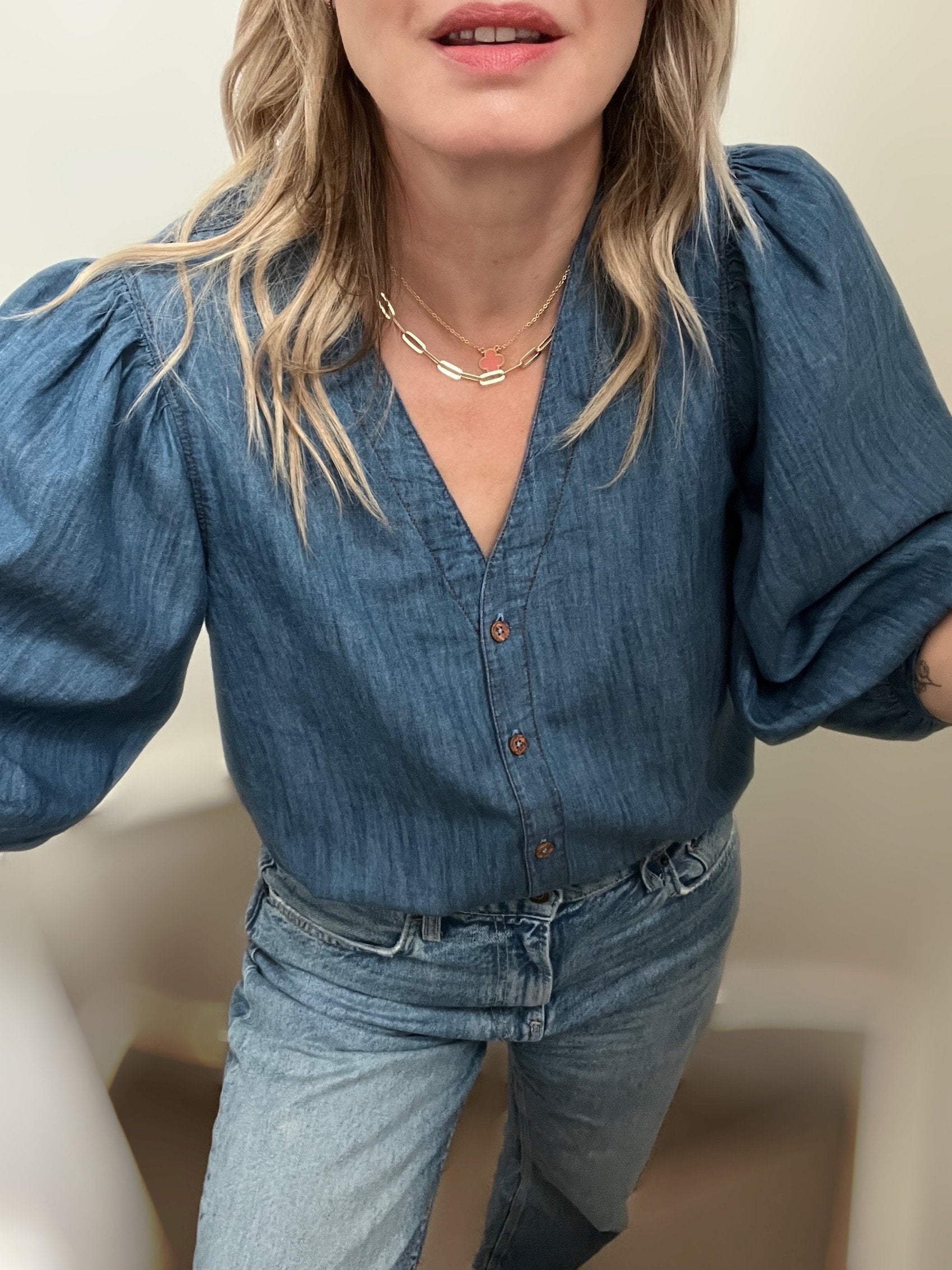 chambray puff sleeve blouse mid denim | fwp by rae | denim blouse