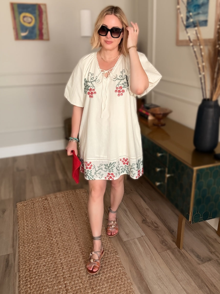 Wendy Short Linen Blend Embroidered Dress Cream