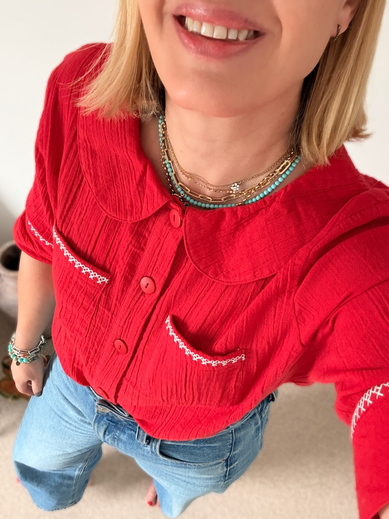 Farrah Crinkle Linen Blend Embroidered Short Sleeve Blouse Red