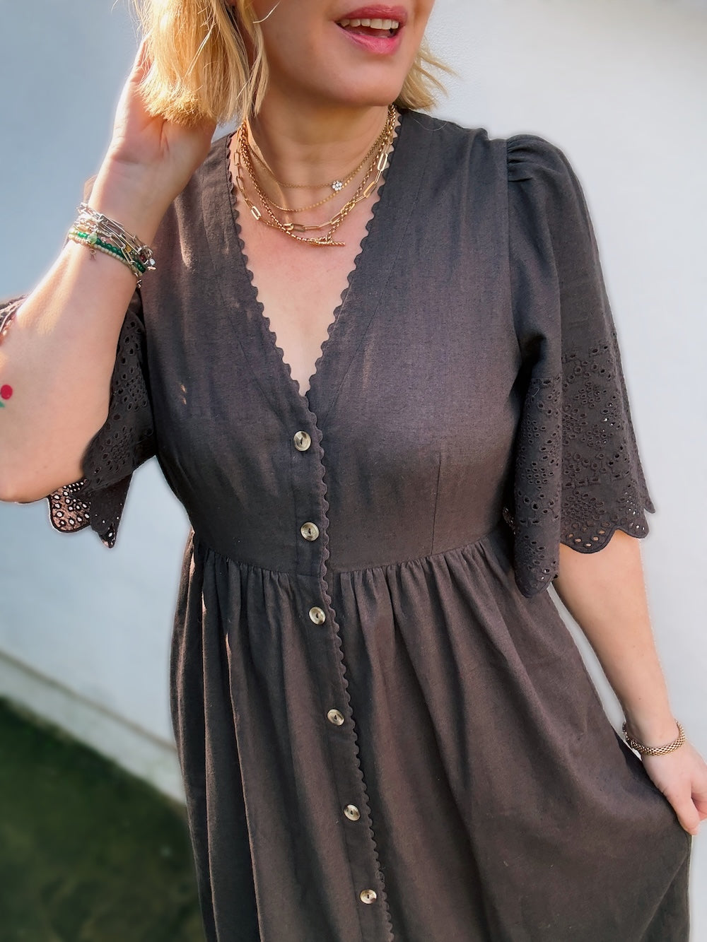 Ava Button Front Dress Lace Cut Sleeves Deep Chocolate Brown