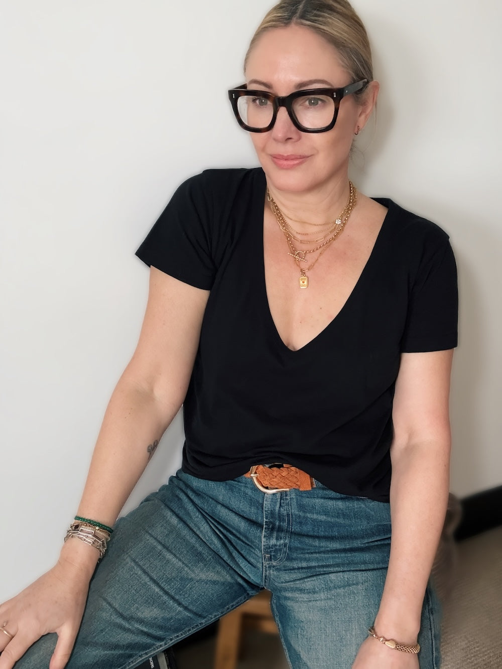 Cindy Deep V Neck Soft Bamboo T-Shirt Black