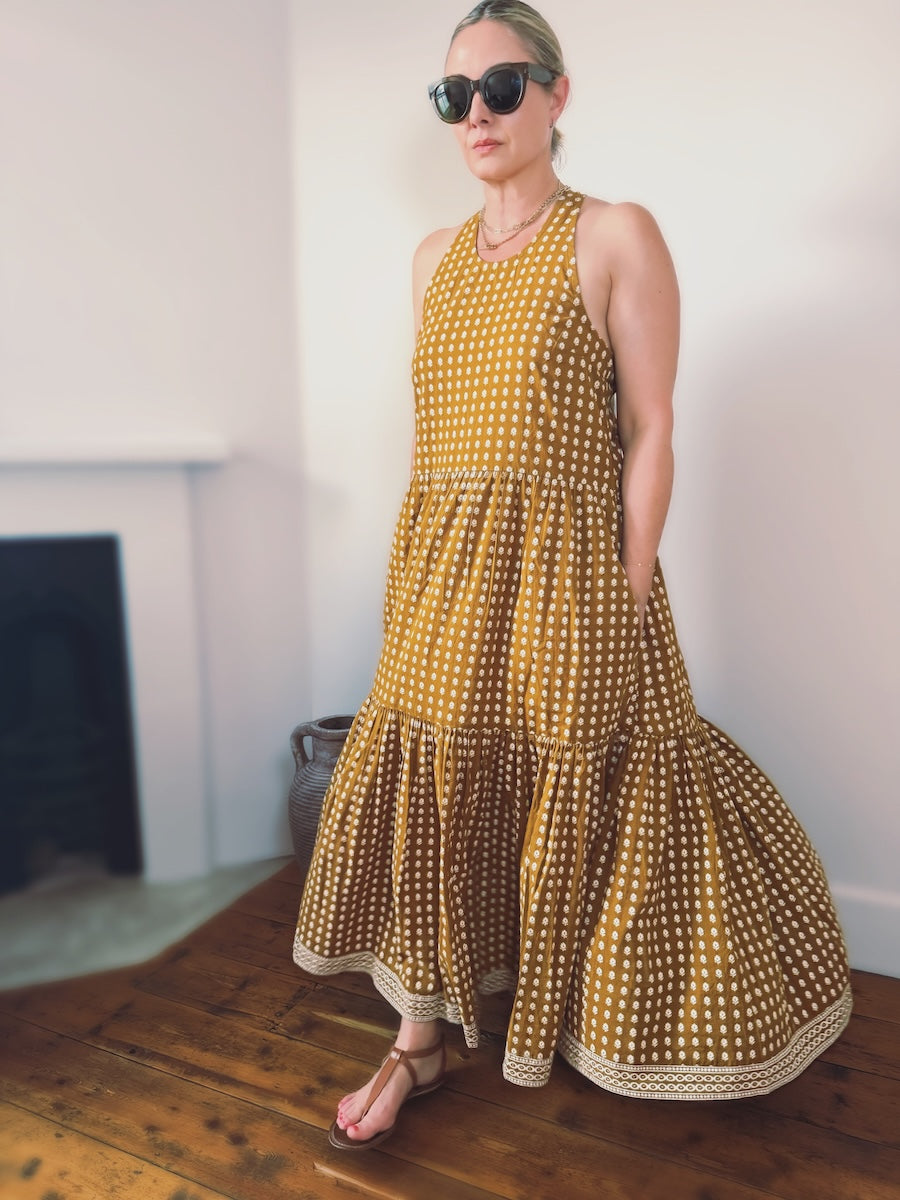 Celeste Organic Cotton Tiered Full Skirt Maxi Dress Mustard