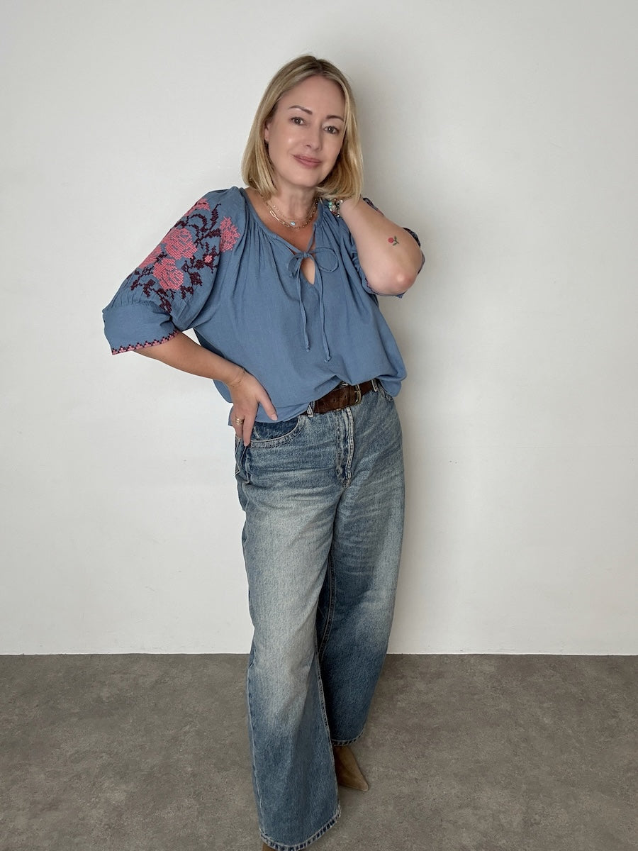 Gracey Boho Blouse Embroidered Sleeve Denim Blue