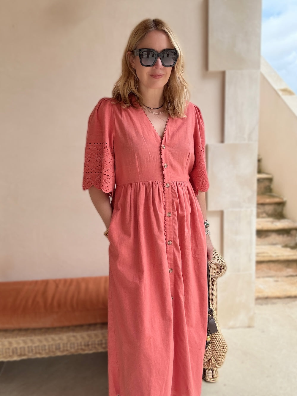 Ava Button Front Midi Dress Embroidered Sleeve Terracotta Pink