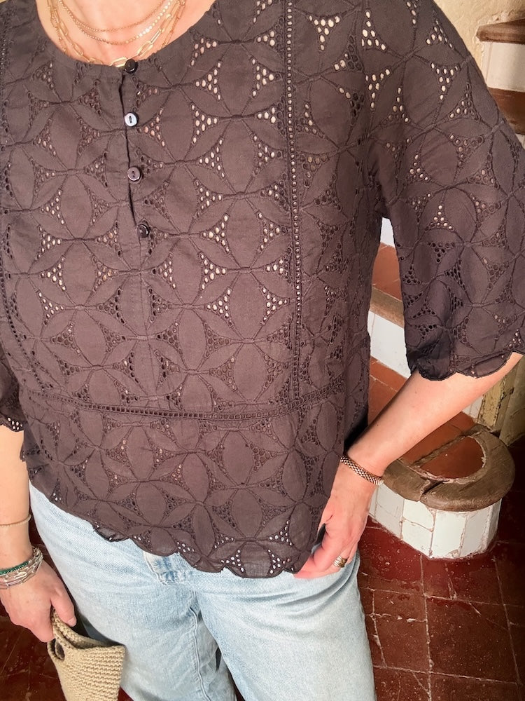 Sadie Broderie Blouse Scalloped Edge Dark Brown