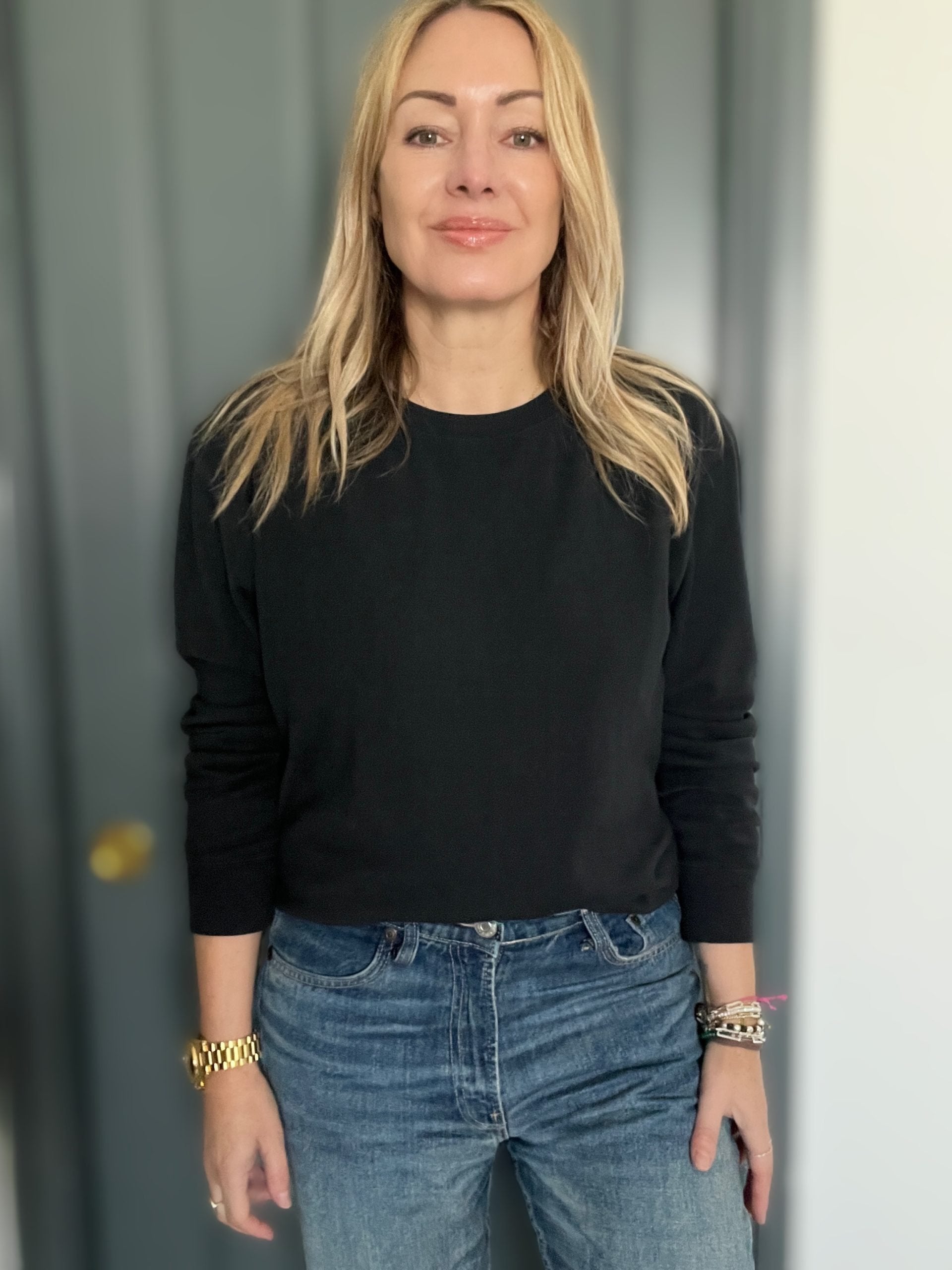 Fine Knit Sweatshirt Classic Neck Black
