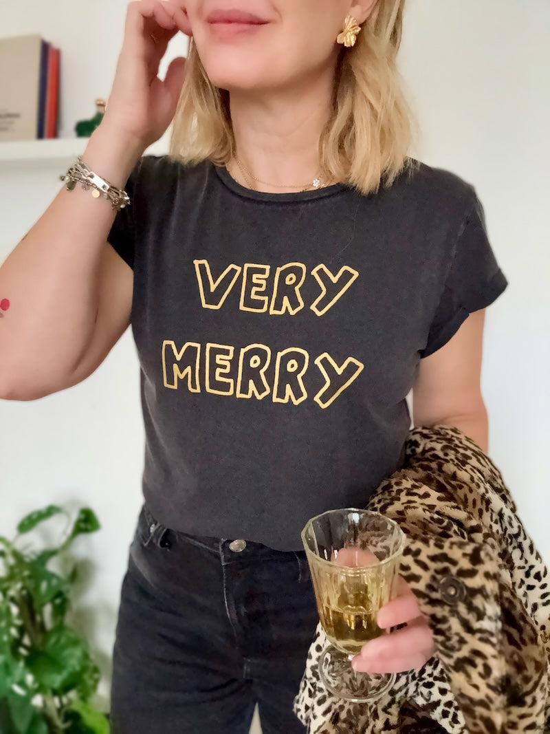 Very Merry T-shirt Stone Wash Black Gold