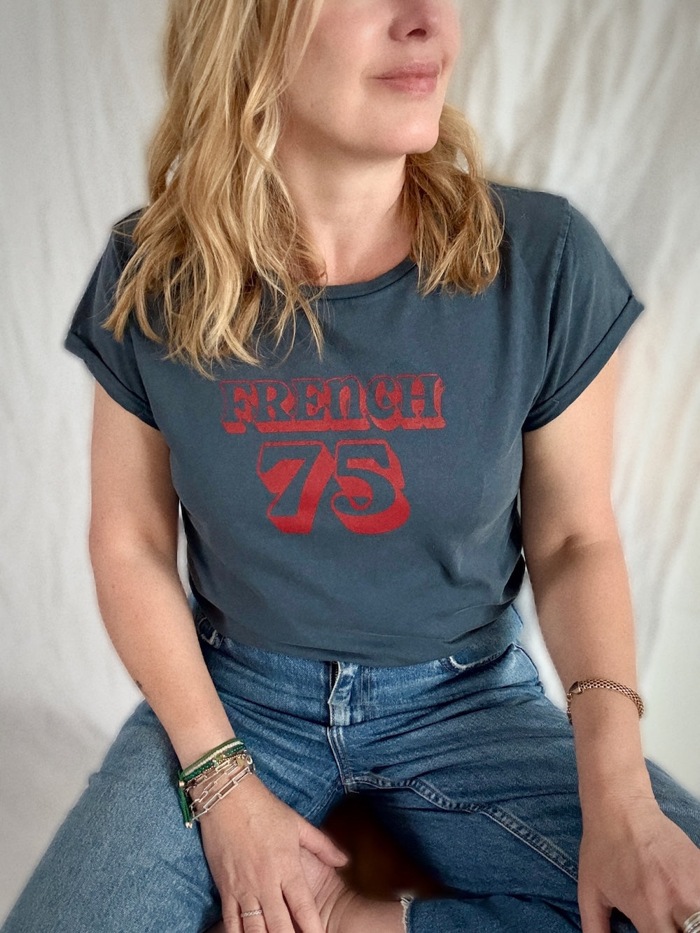 French75 Tee Stone Wash Denim Red