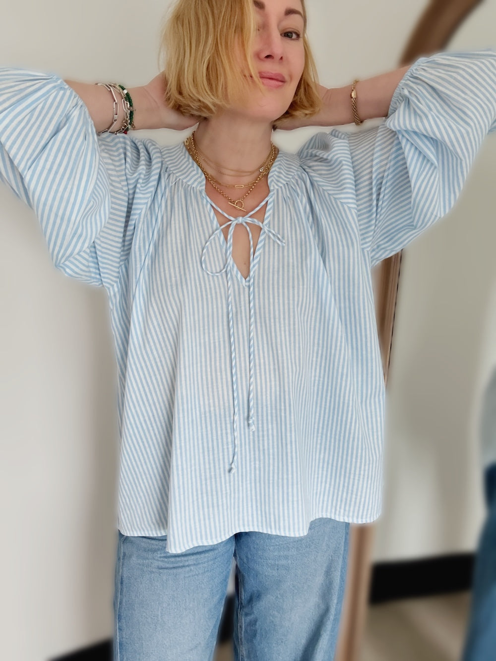 Emily Poet Blouse Powder Blue Stripe