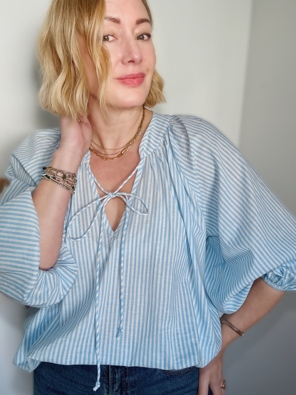 Emily Poet Blouse Powder Blue Stripe