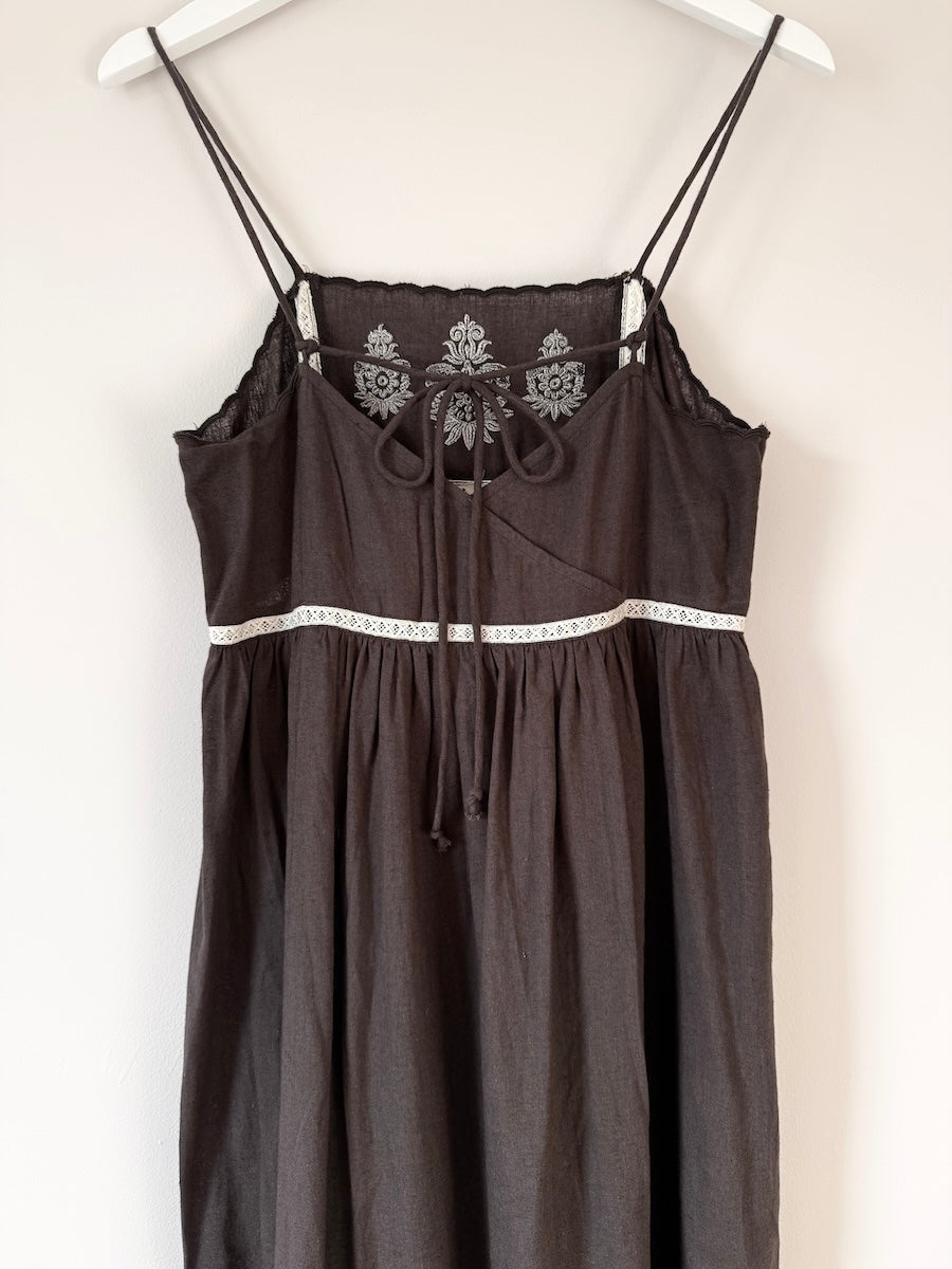 Florence Embroidered Linen Maxi dress Dark Liquorice Brown