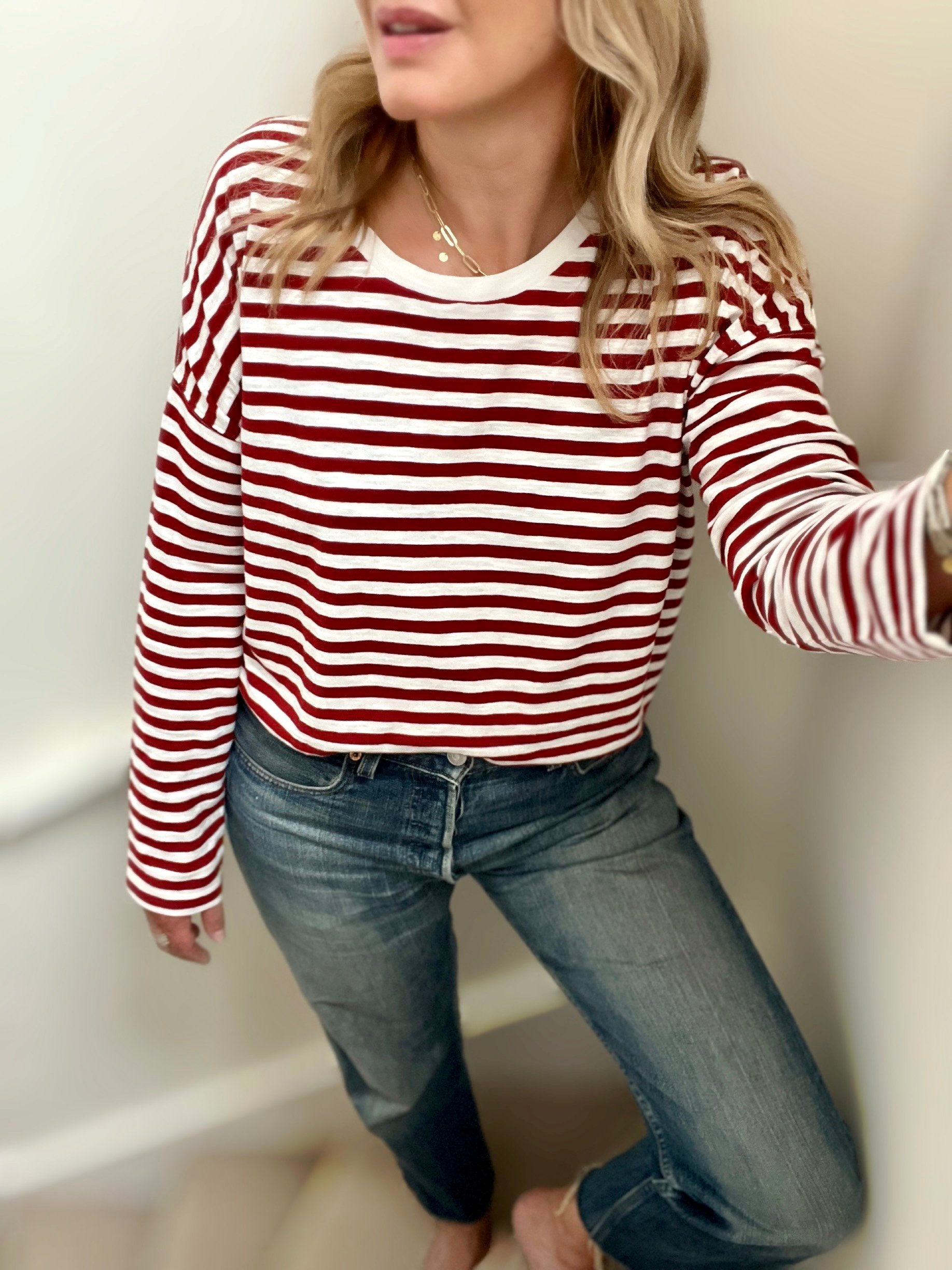 stripe long sleeve tee dahlia red cream | fwp by rae