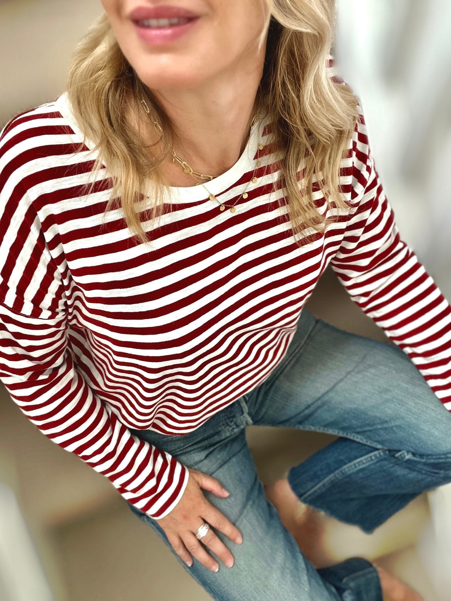 stripe long sleeve tee dahlia red cream | fwp by rae