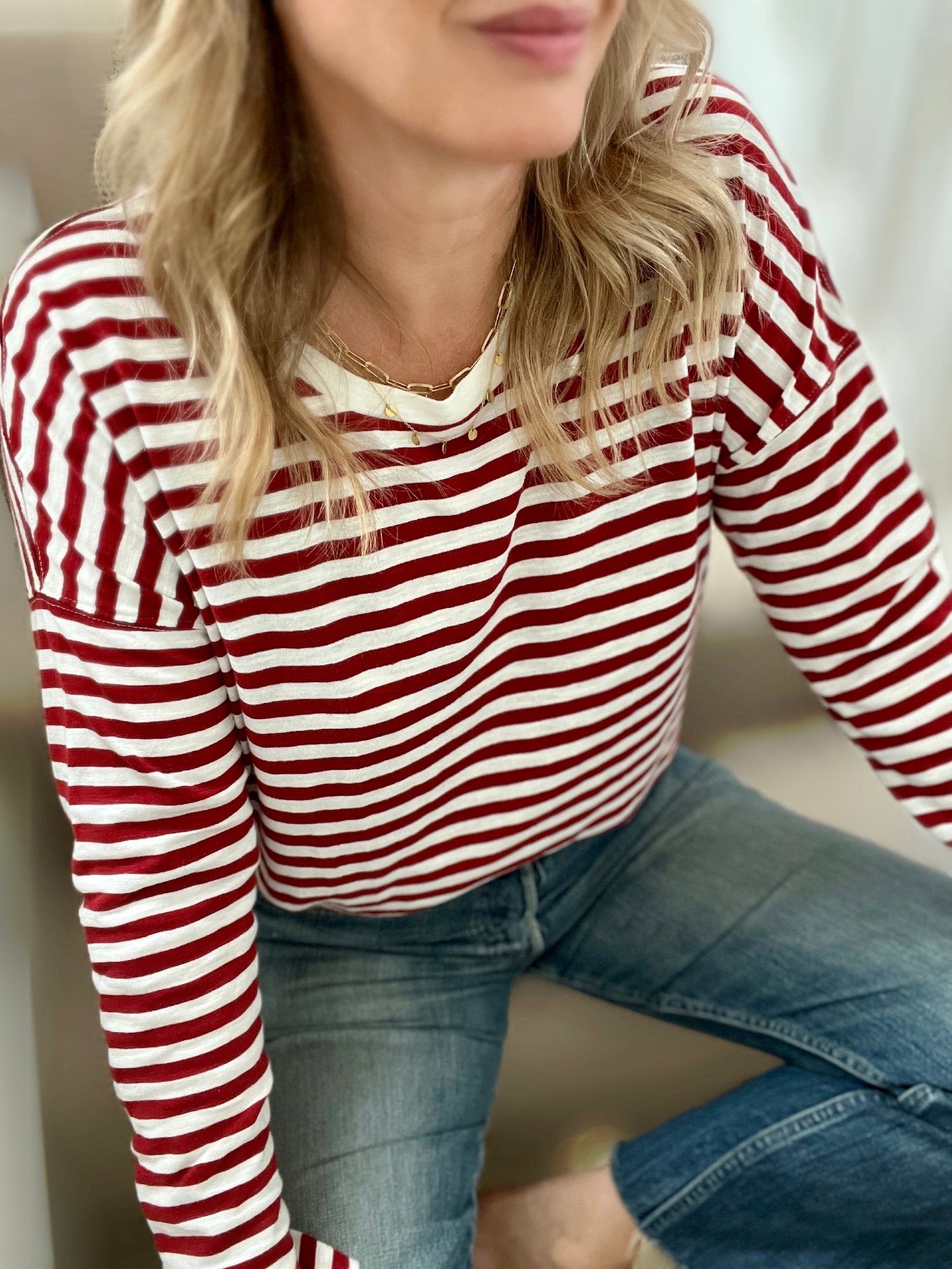 stripe long sleeve tee dahlia red cream | fwp by rae