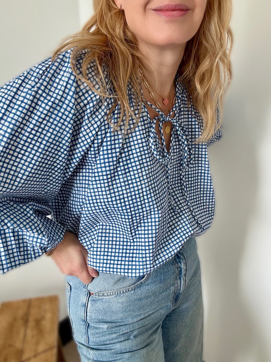 Emily blue checkered poet blouse | fwp by rae blouses