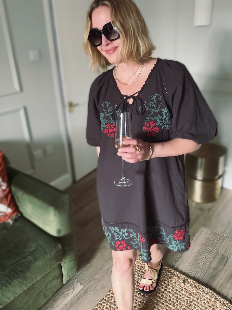 Wendy Short Linen Blend Embroidered Dress Dark Liquorice Brown