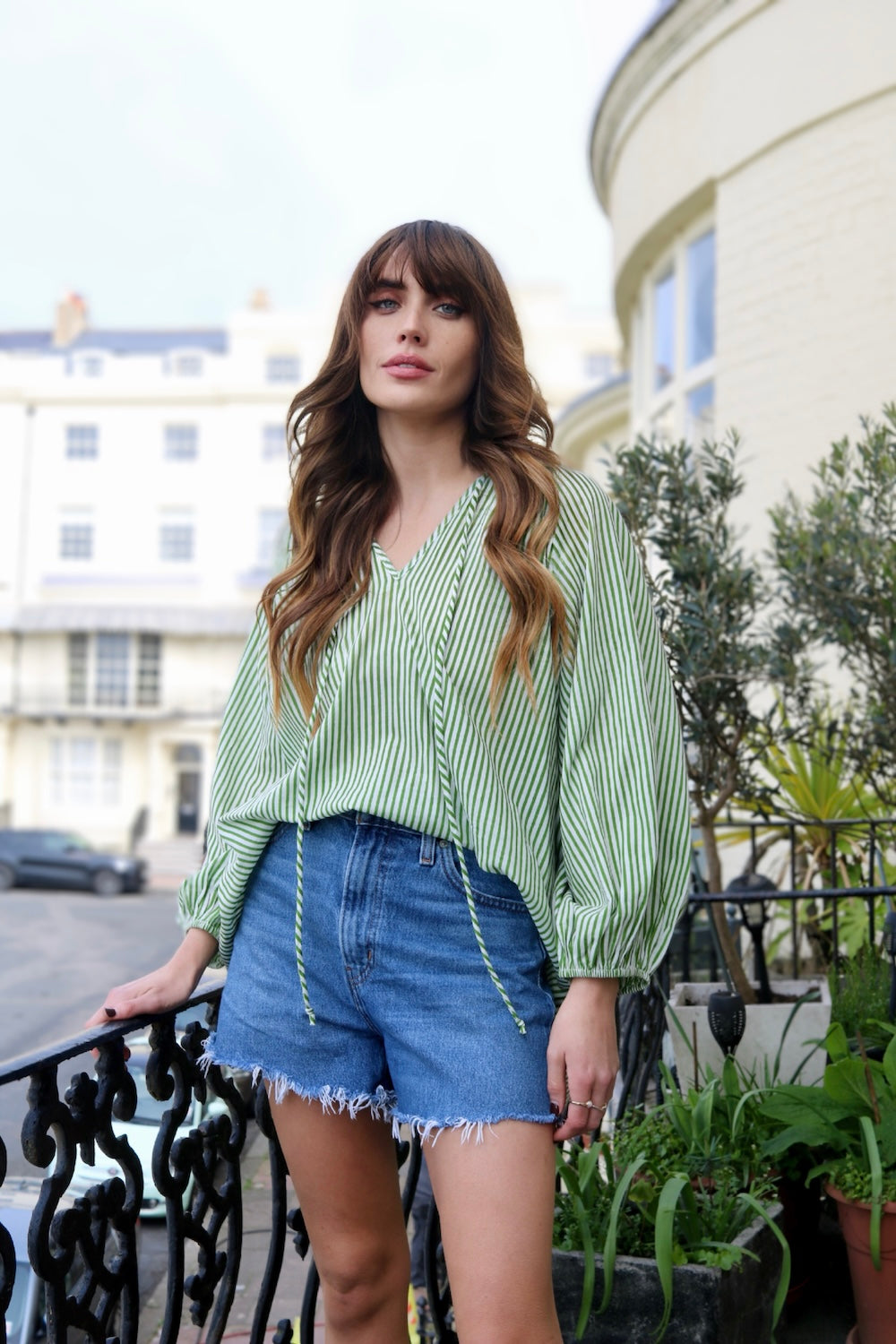 Emily Stripe Poet Blouse Organic Cotton Green