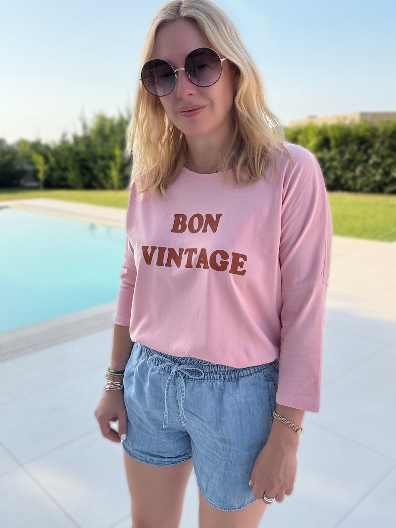 Bon Vintage 3/4 Sleeve Organic Cotton Top Pink Caramel