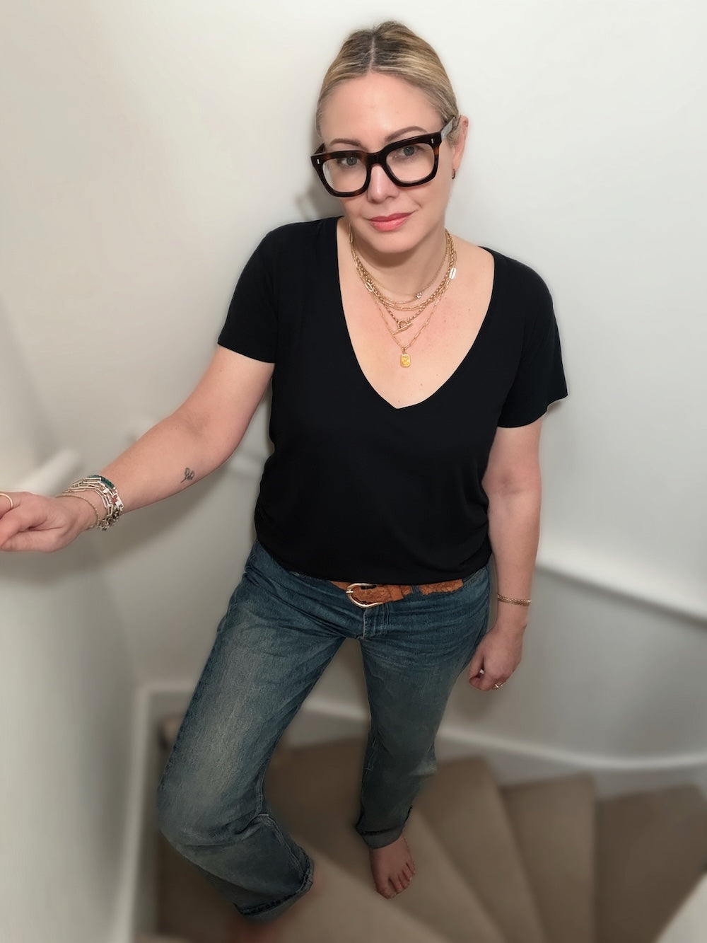 Cindy Deep V Neck Soft Bamboo T-Shirt Black