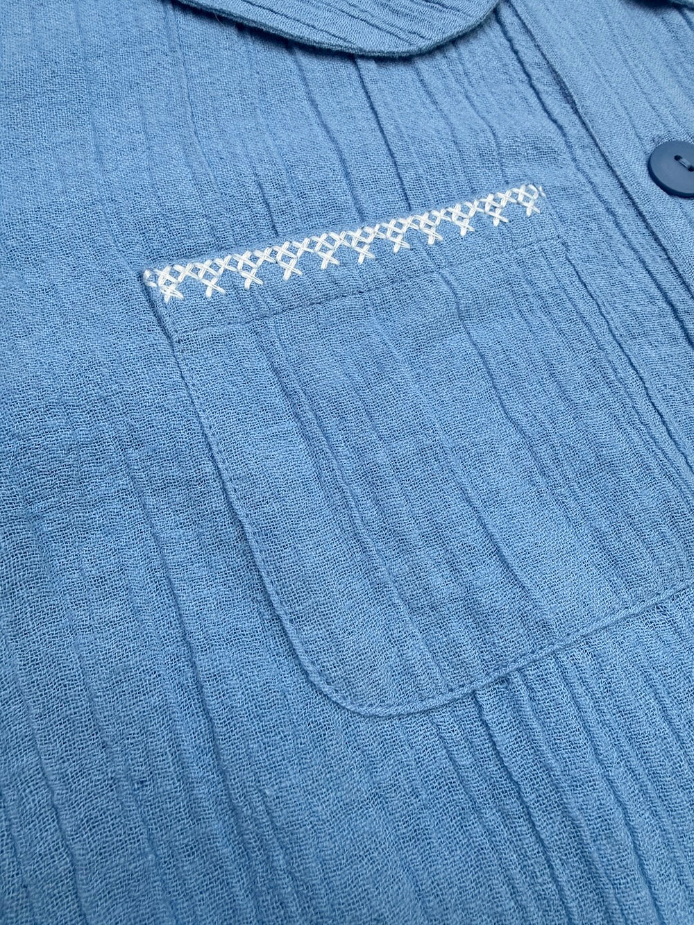 Farrah Crinkle Linen Blend Embroidered Short Sleeve Blouse Sky Blue