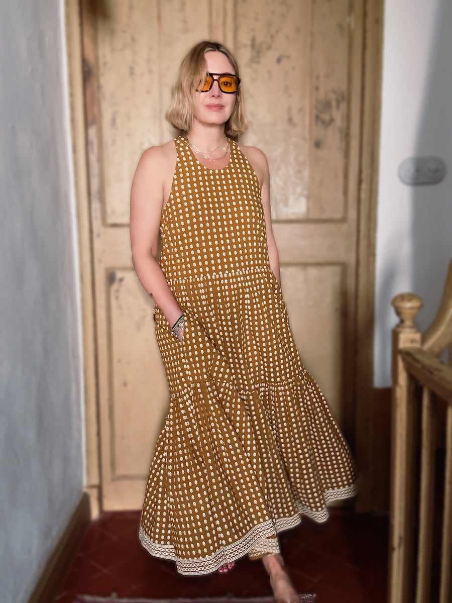 Celeste Organic Cotton Tiered Full Skirt Maxi Dress Mustard