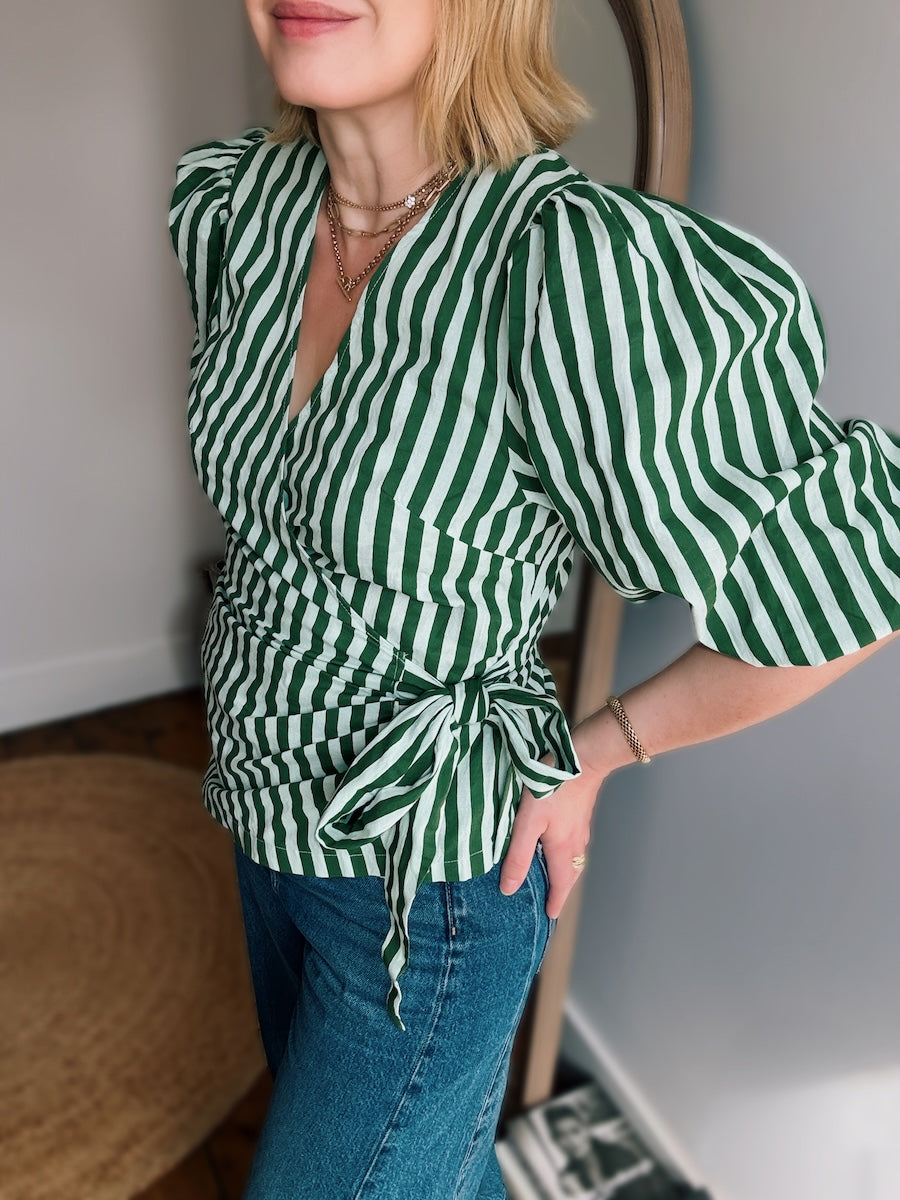 Cara Wrap Blouse Green Stripes
