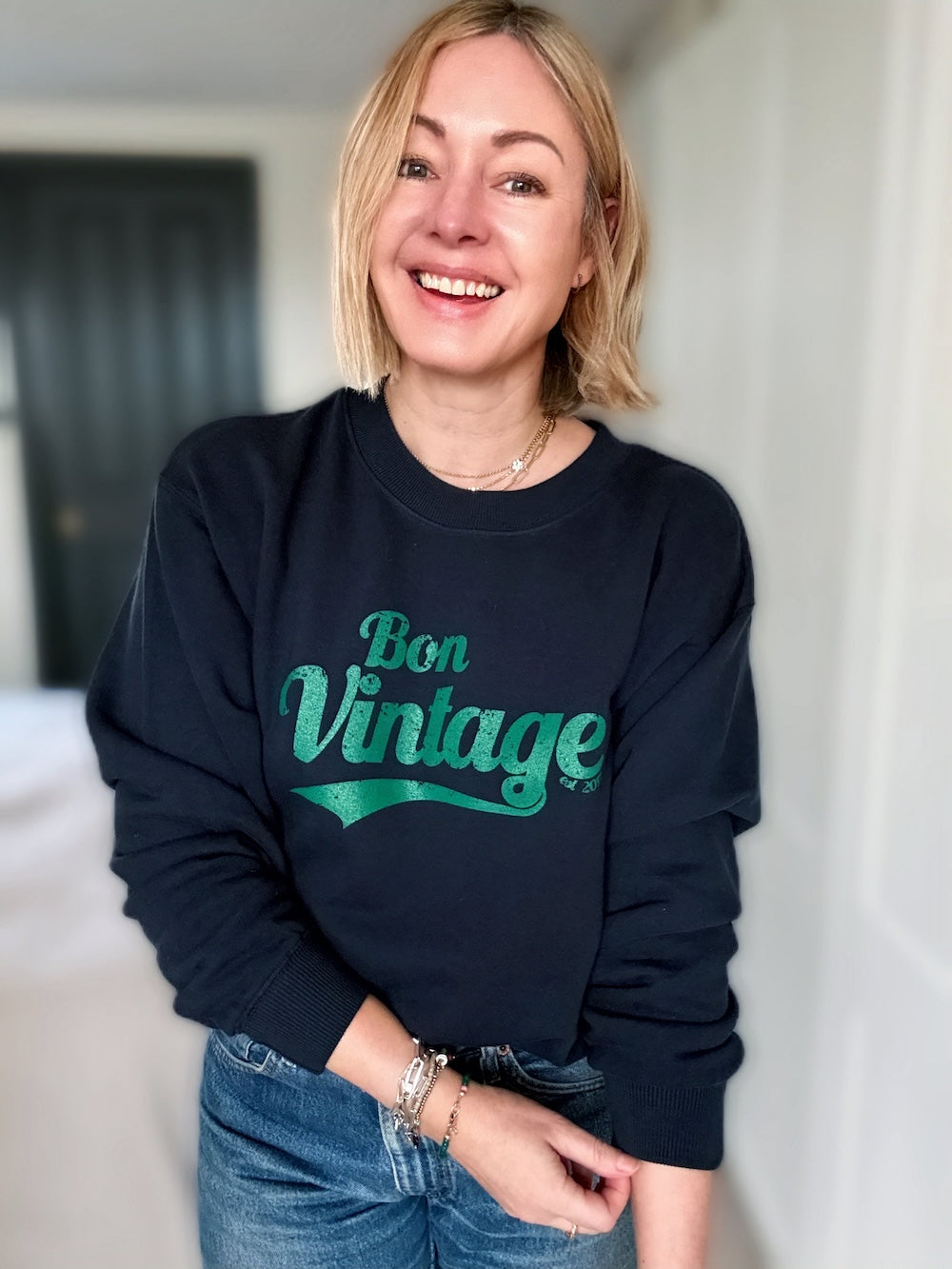 Bon Vintage Retro Sweatshirt Deep Navy and Green