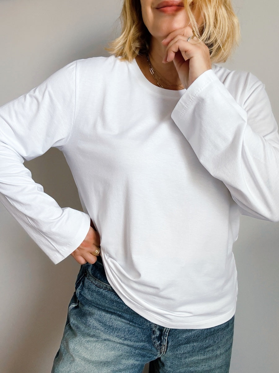 Premium Organic Cotton-Modal Relaxed White Long Sleeve T-Shirt