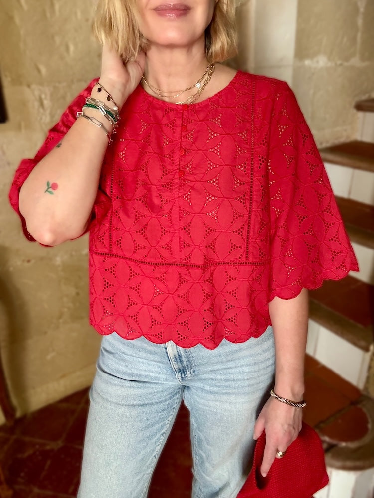 Sadie Broderie Blouse Scalloped Edge Red