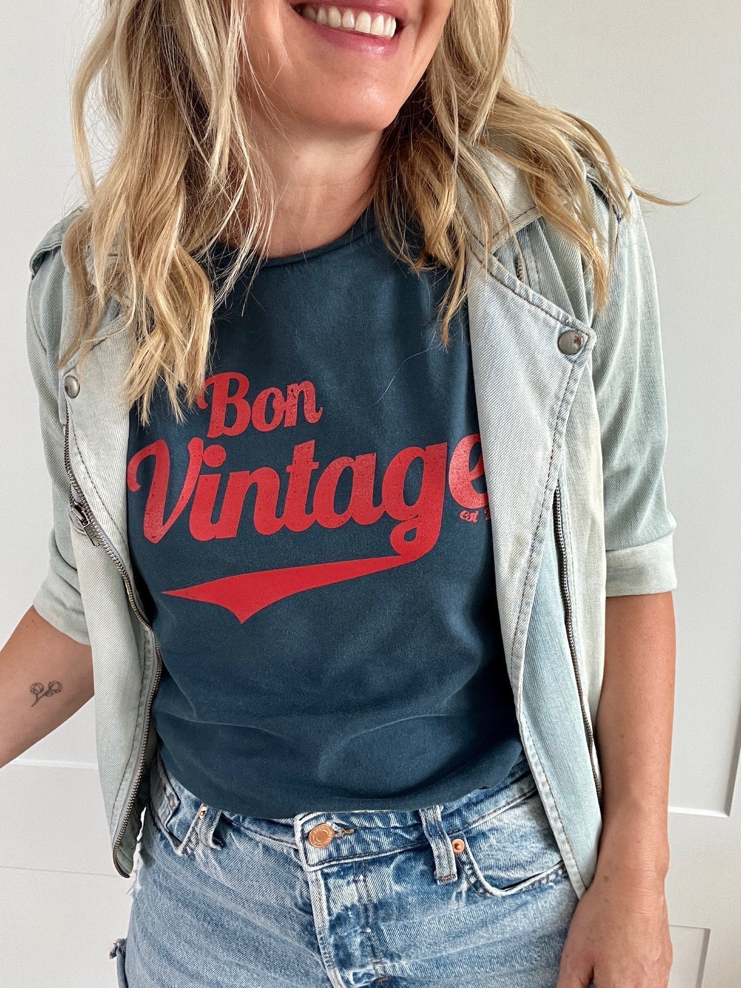 bon vintage retro tee stone wash denim red | fwp by rae