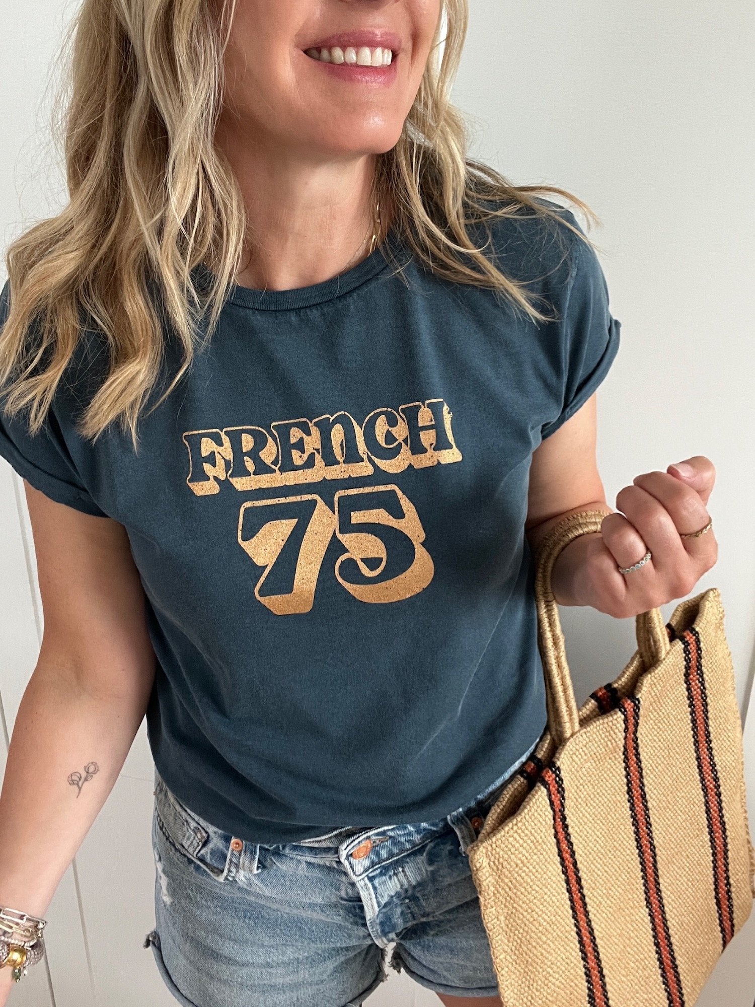 French 75 tee stone wash denim gold | fwp by rae | retro style t-shirt