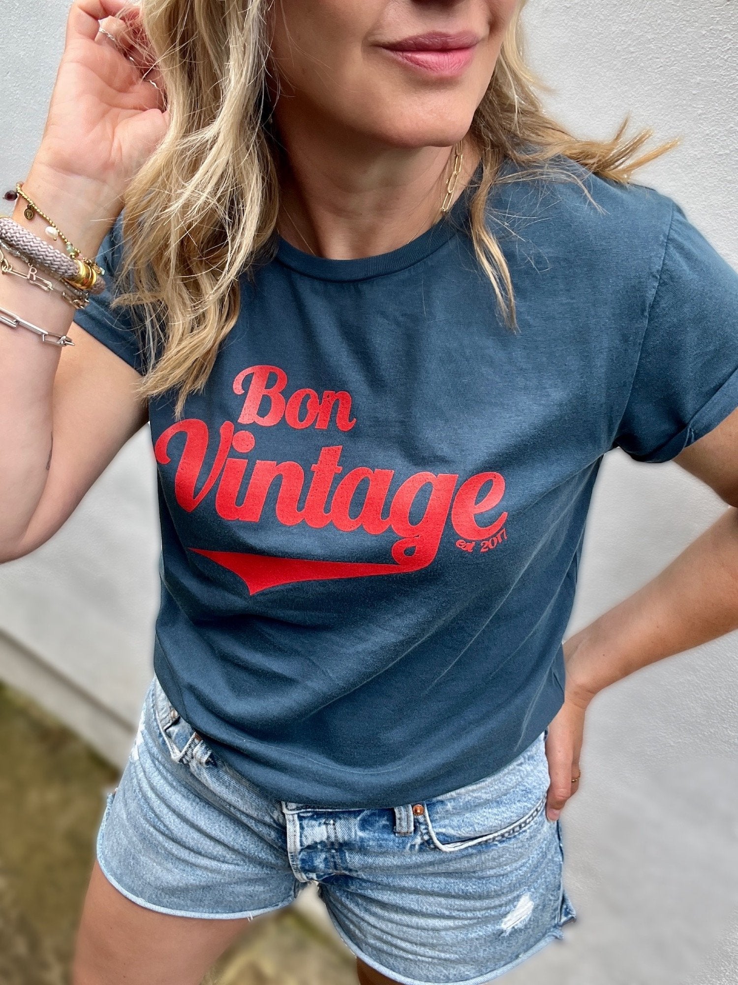 bon vintage retro tee stone wash denim red | fwp by rae