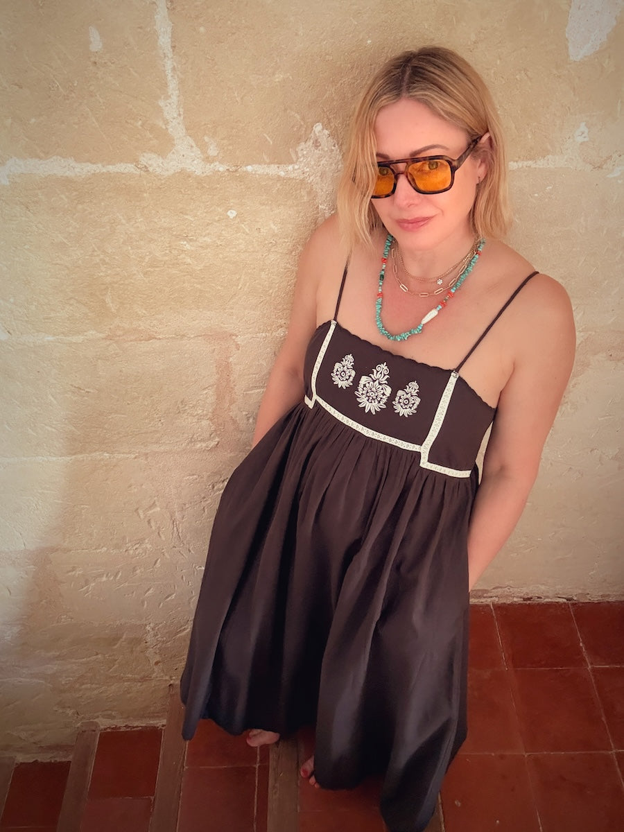 Florence Embroidered Linen Maxi dress Dark Liquorice Brown