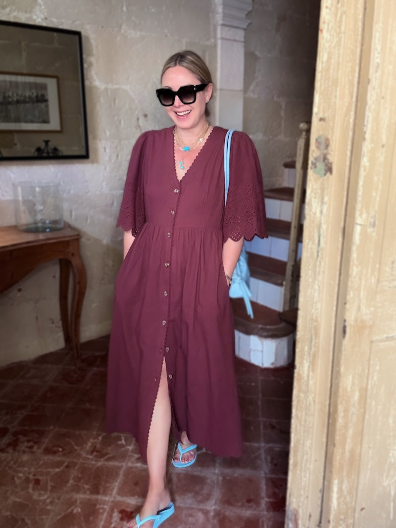 Ava Button Front Dress Lace Cut Sleeves Berry