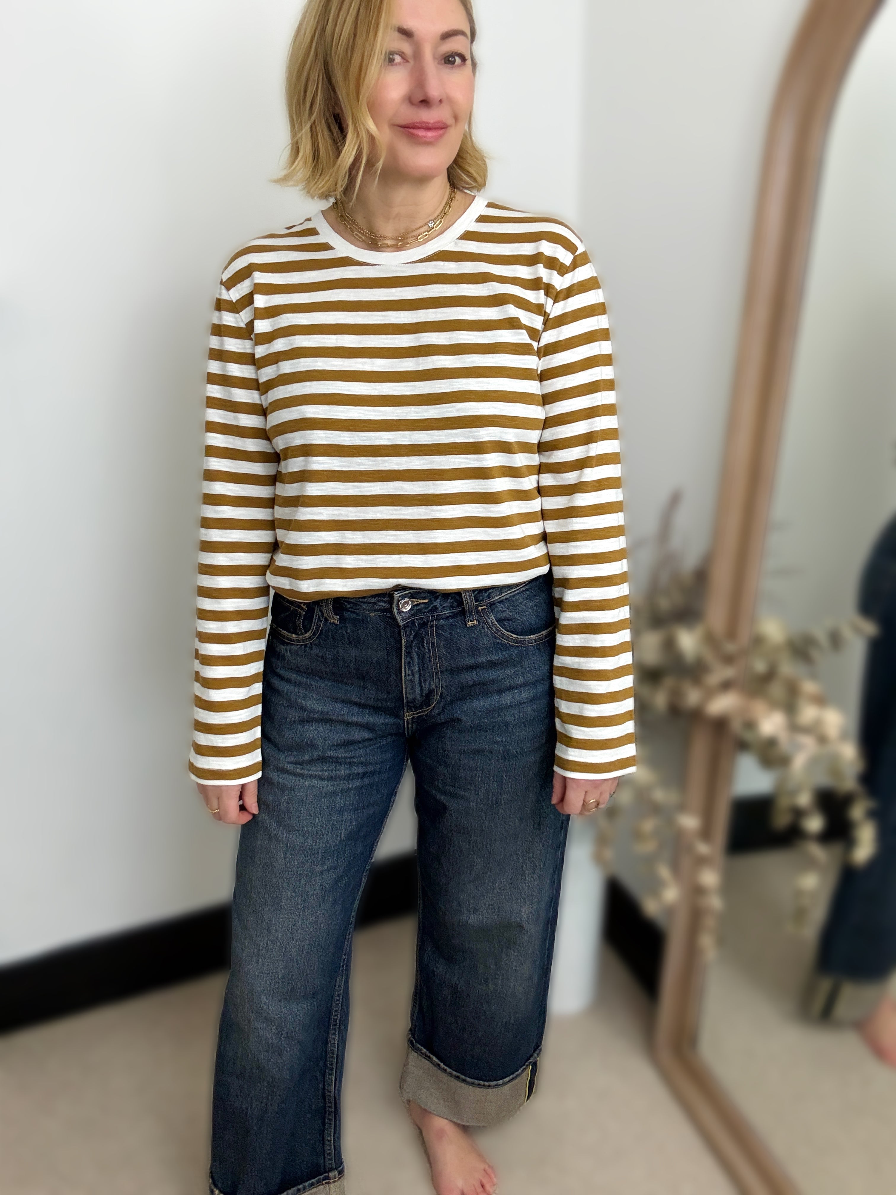 Stripe Long Sleeve Top Bronze Brown and Ivory