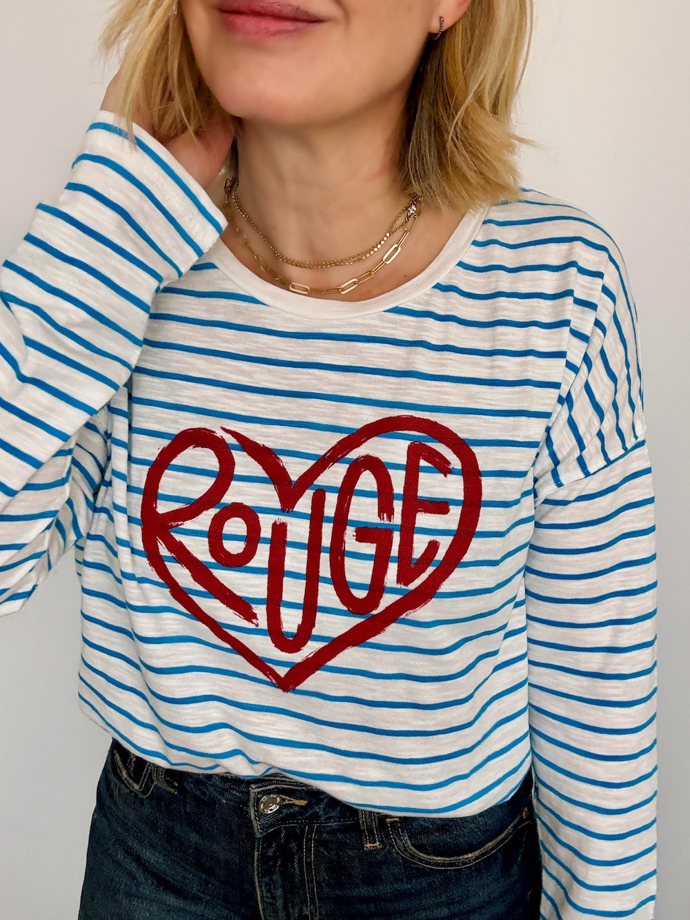 Rouge heart slogan Stripe Long Sleeve Tee Azure blue White