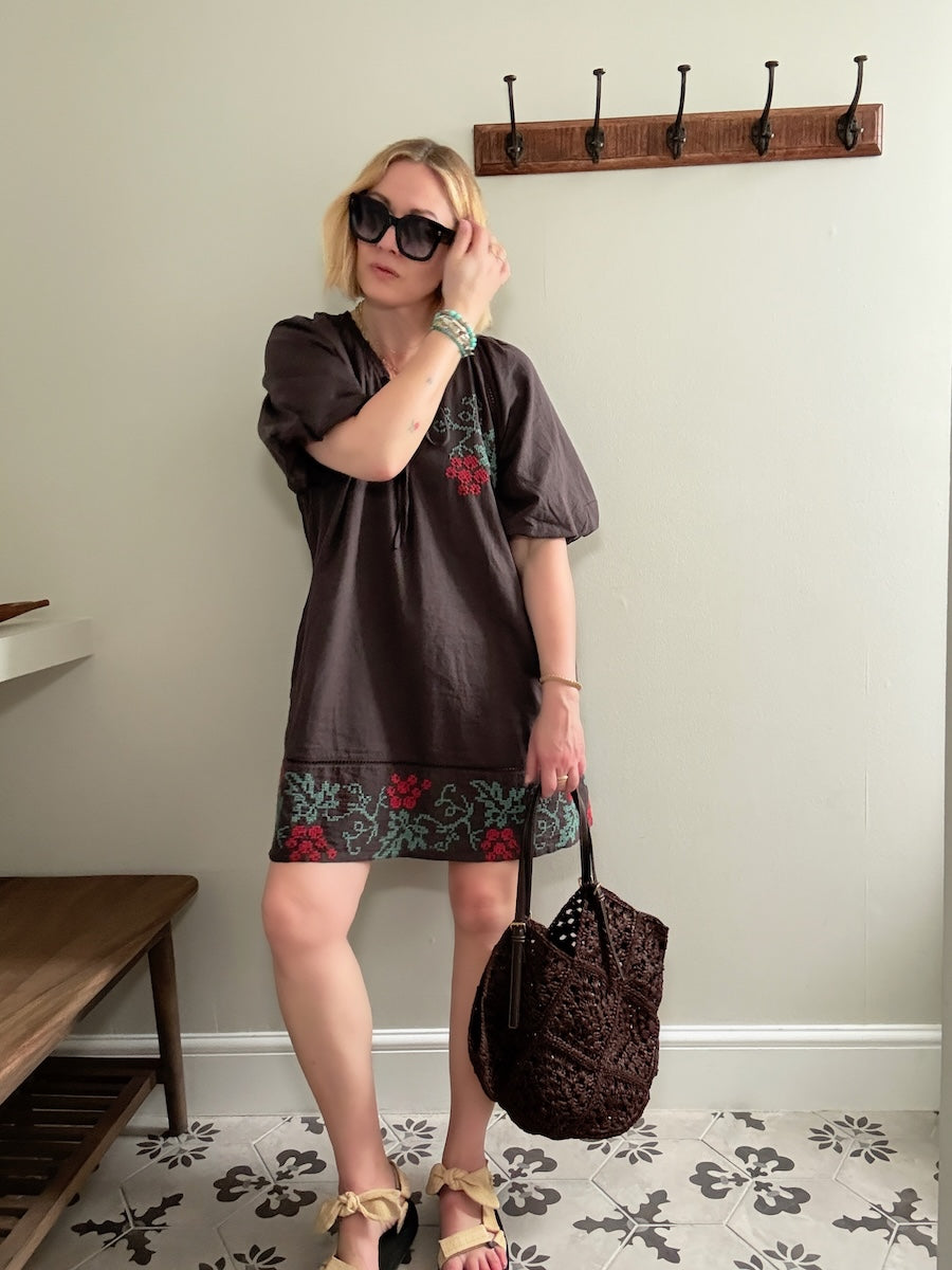 Wendy Short Linen Blend Embroidered Dress Dark Liquorice Brown