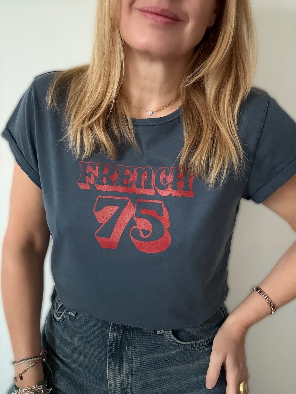 French 75 tee Stone Wash Denim and red | fwp by rae t-shirts