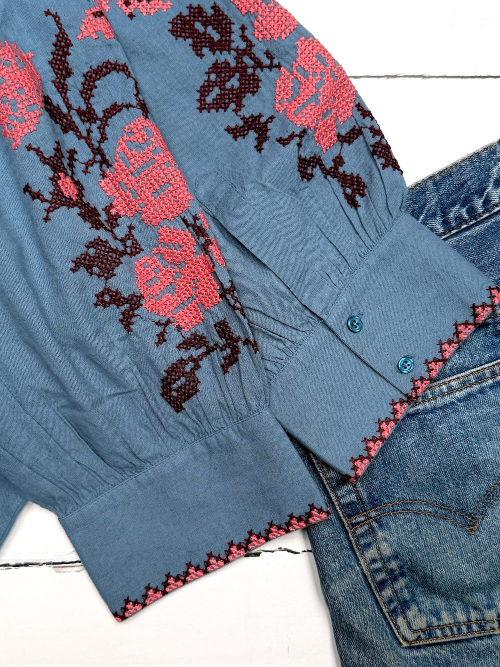 Gracey Boho Blouse Embroidered Sleeve Denim Blue