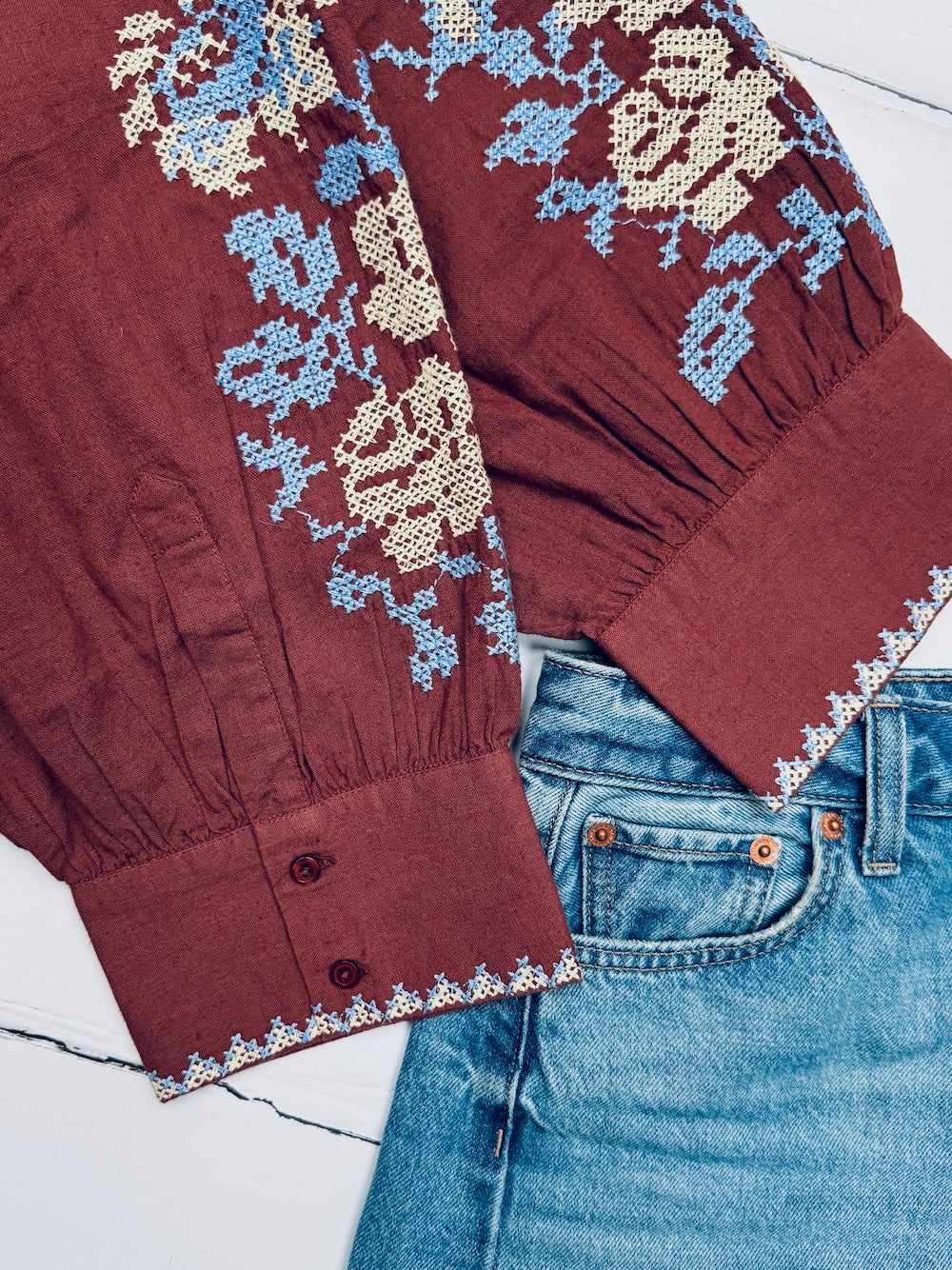 Gracey Boho Blouse Embroidered Sleeve Brandy Brown