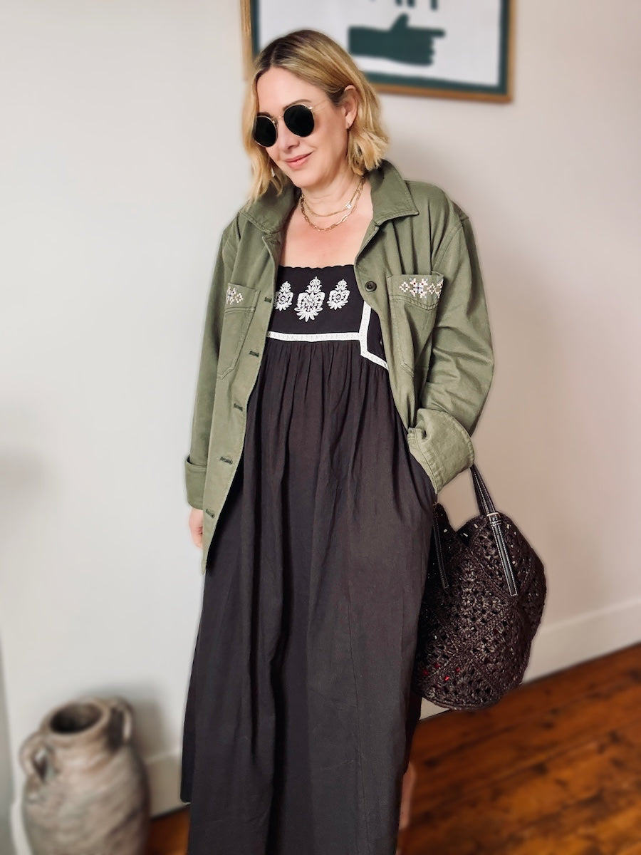 Florence Embroidered Linen Maxi dress Dark Liquorice Brown