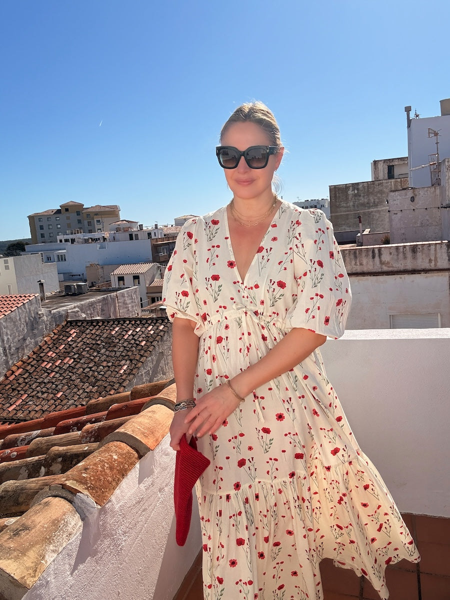 Vanessa Tiered Maxi Dress Red Stem Flower Print