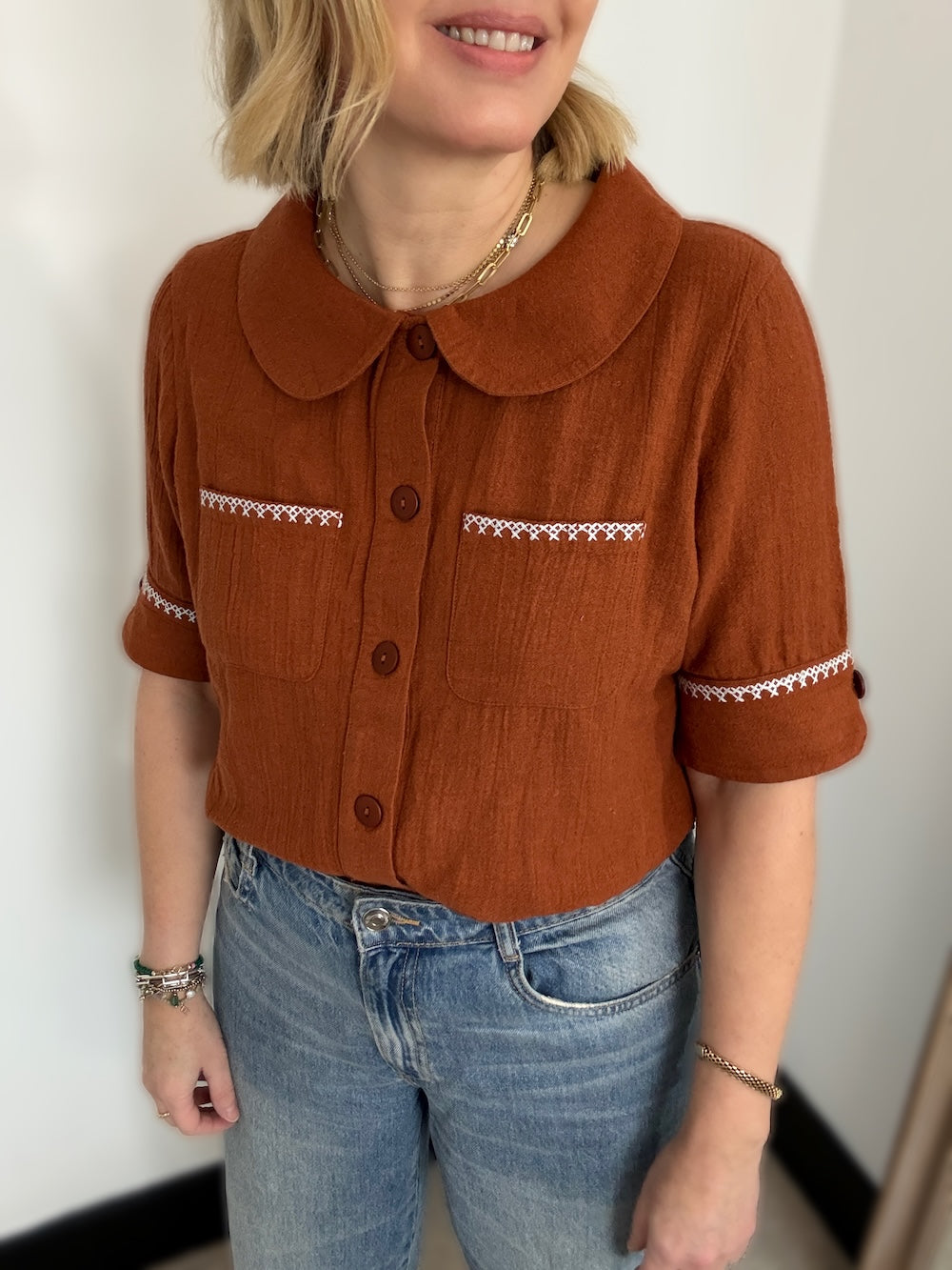 Farrah Crinkle Linen Blend Embroidered Short Sleeve Blouse Gingerbread Brown