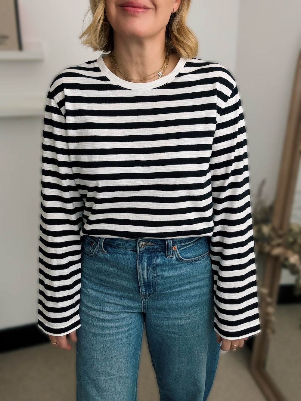 Stripe Long Sleeve Top Ash Black and Ivory