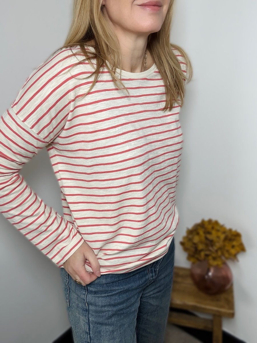 Bridget long sleeve stripe tee coral ecru | fwp by rae stripe top